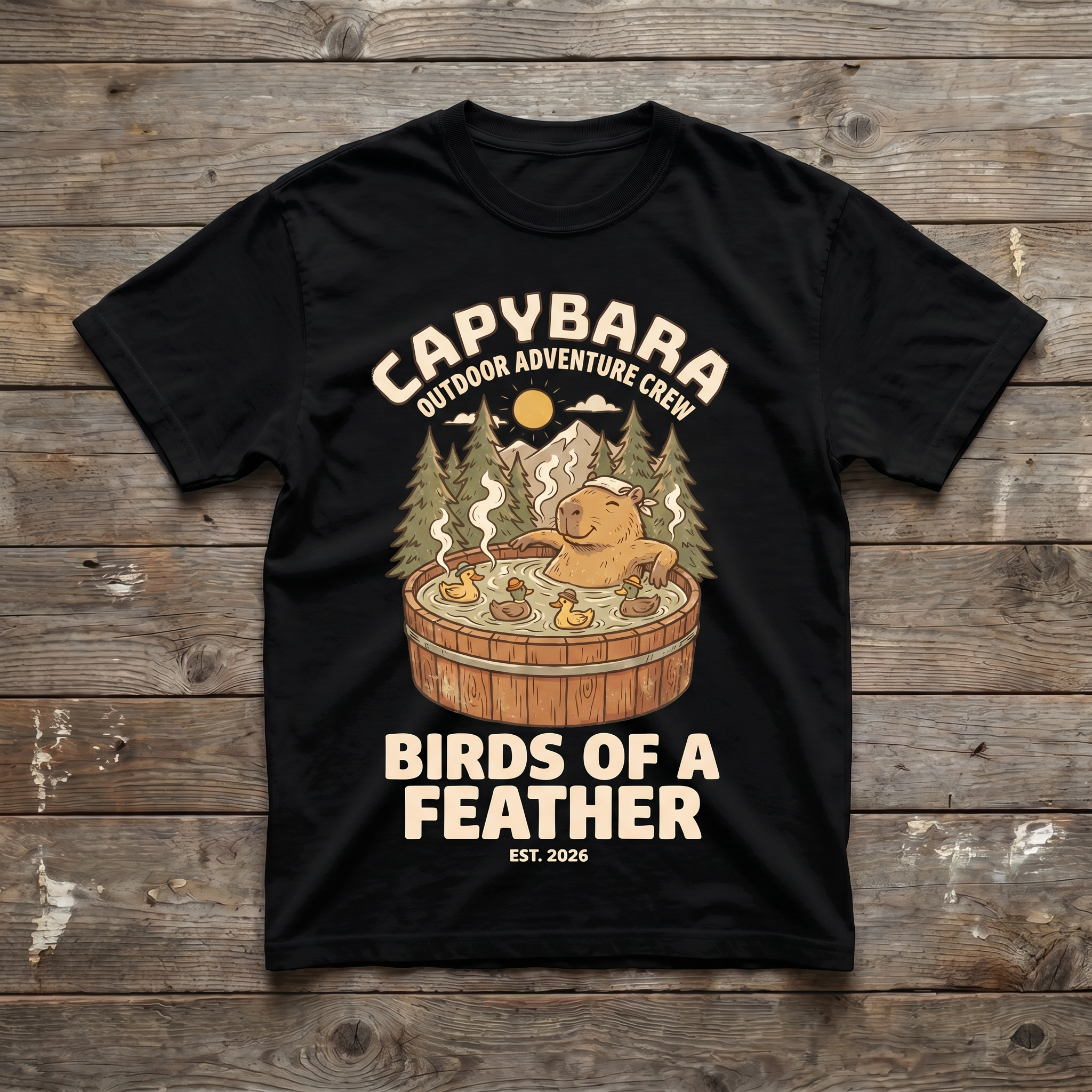 Black - Birds of a Feather Tee (wood plank background)