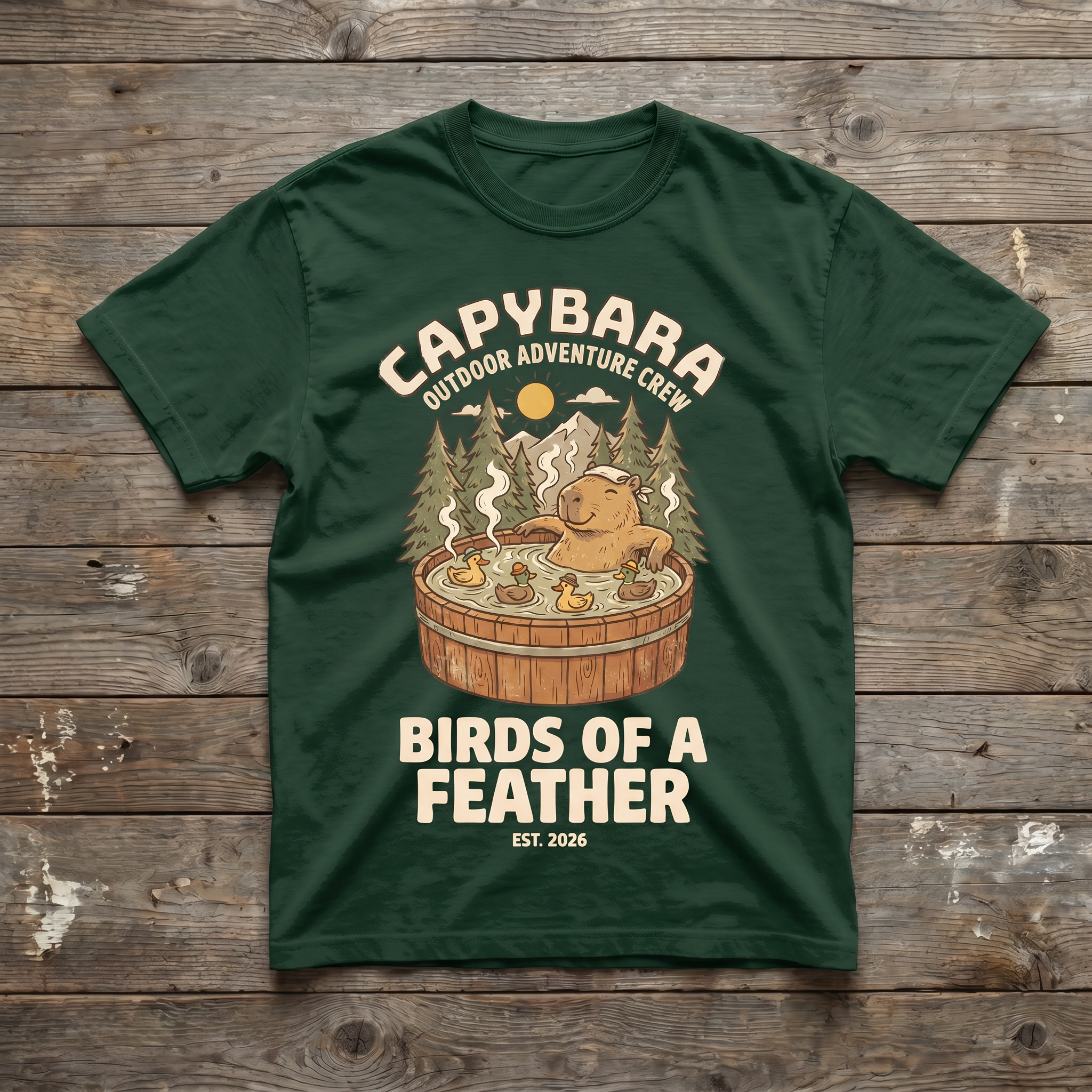 Forest Green - Birds of a Feather Tee (wood plank background)