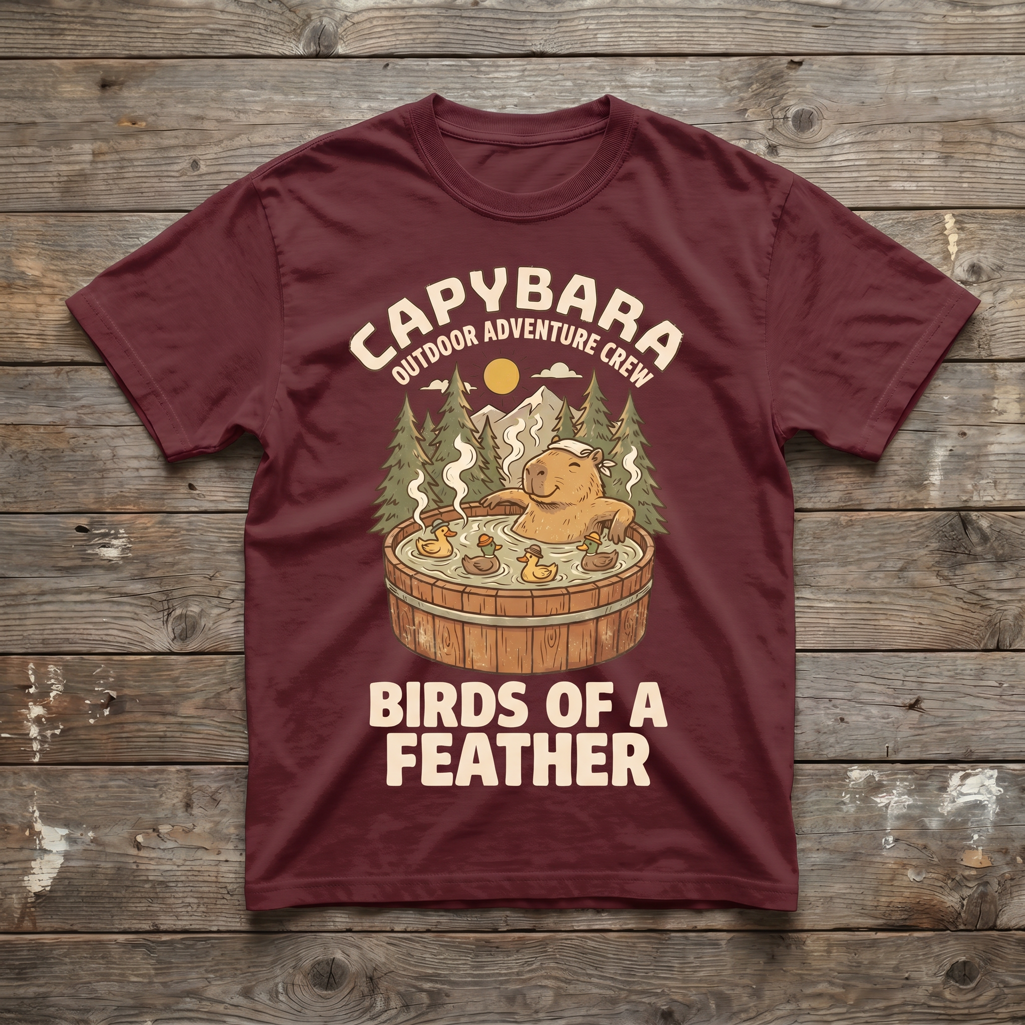 Maroon - Birds of a Feather Tee (wood plank background)