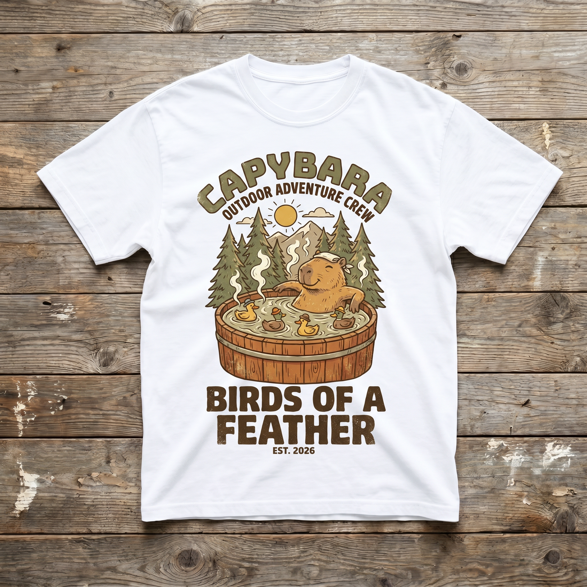 White - Birds of a Feather Tee (wood plank background)