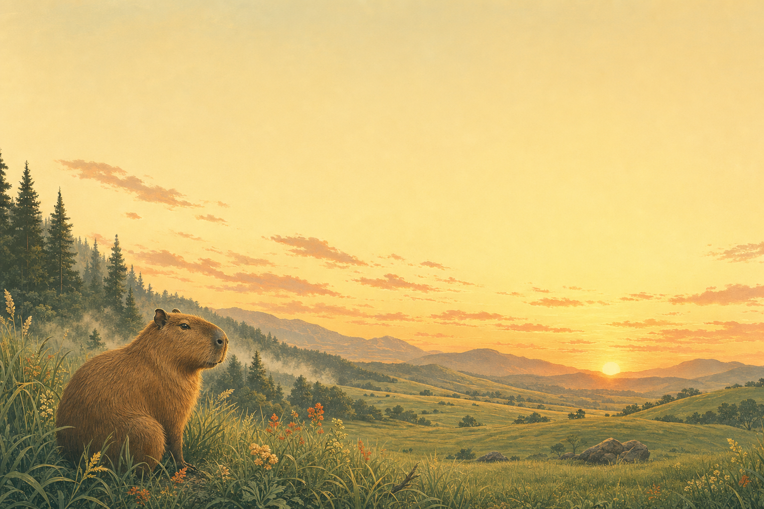 Capybara in golden meadow at sunset