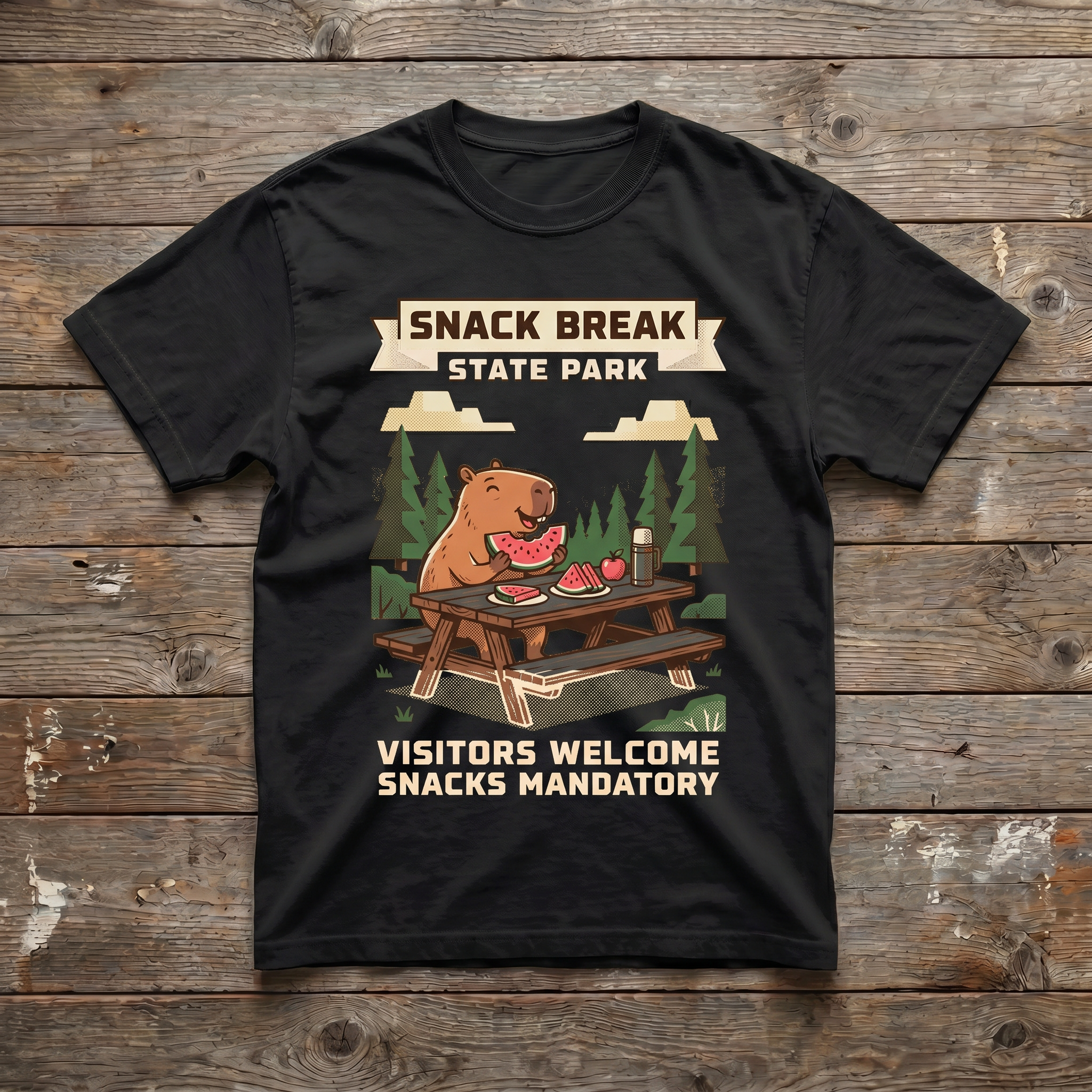 Black - Snack Break State Park Tee (wood plank background)