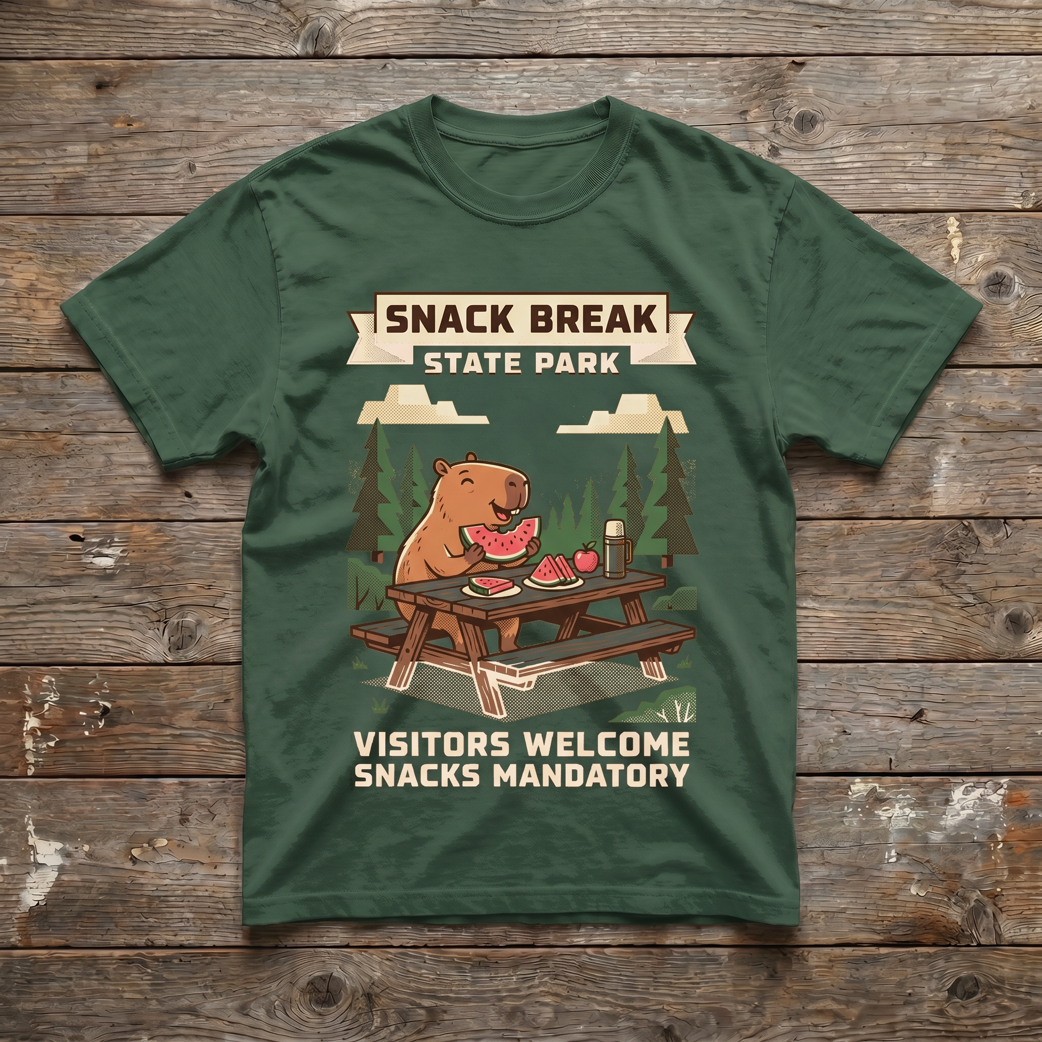 Forest Green - Snack Break State Park Tee (wood plank background)
