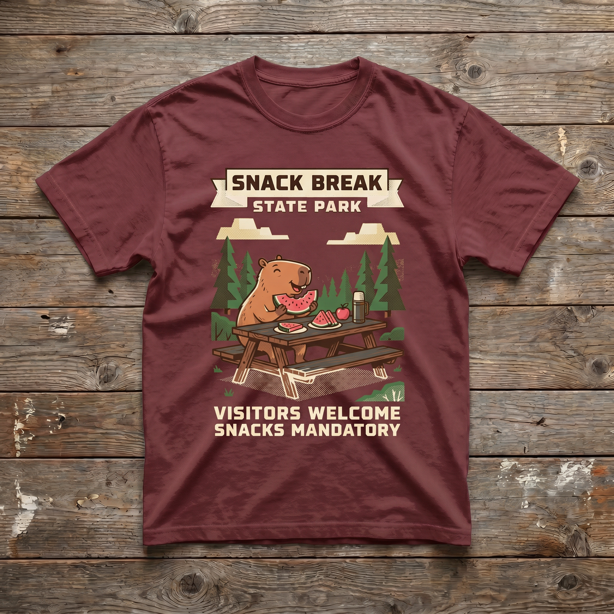 Maroon - Snack Break State Park Tee (wood plank background)