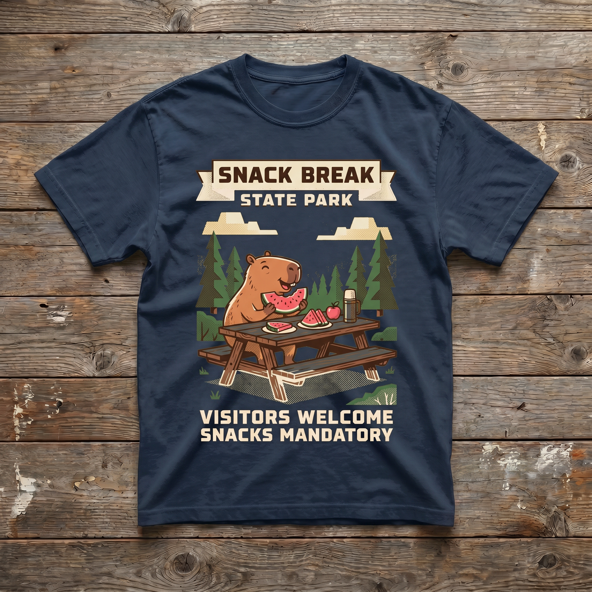 Navy - Snack Break State Park Tee (wood plank background)