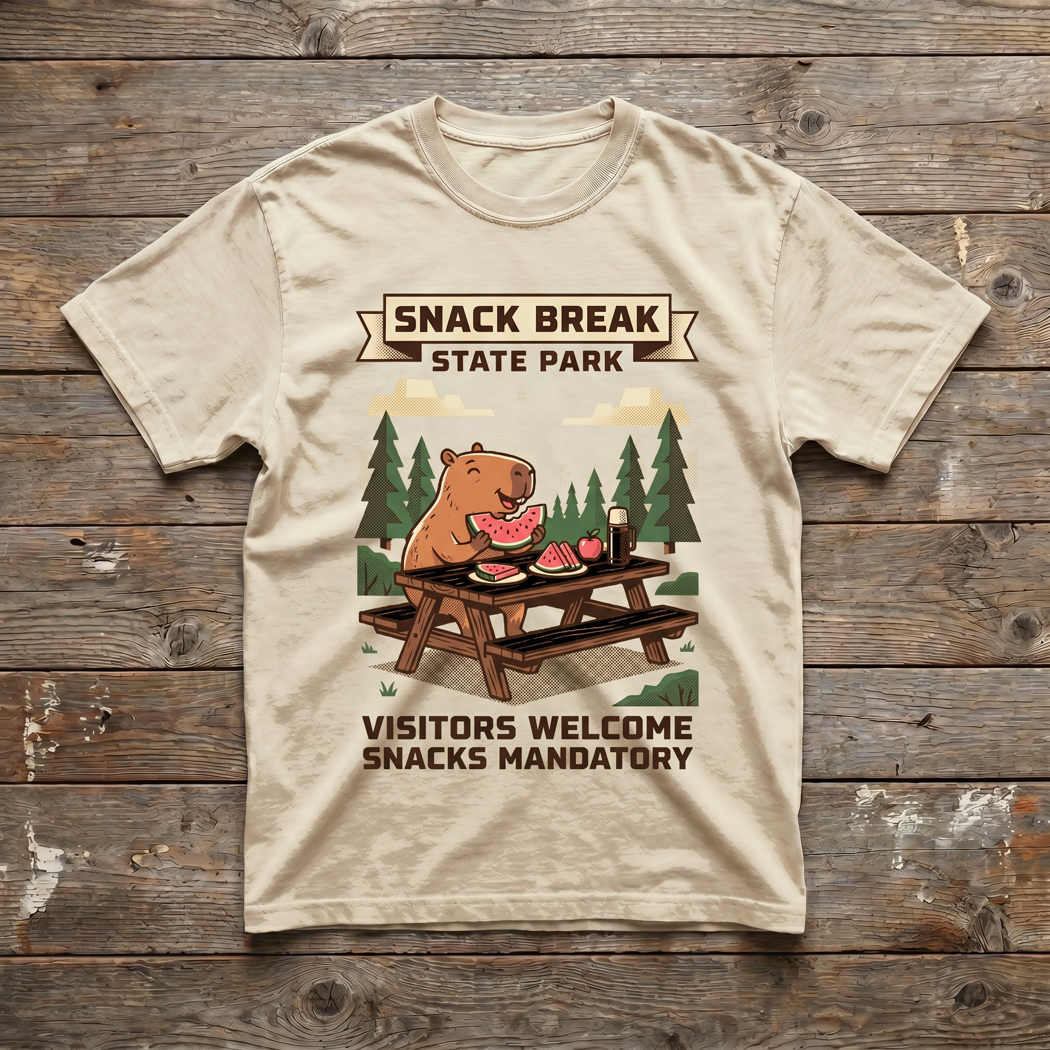 Sand - Snack Break State Park Tee (wood plank background)