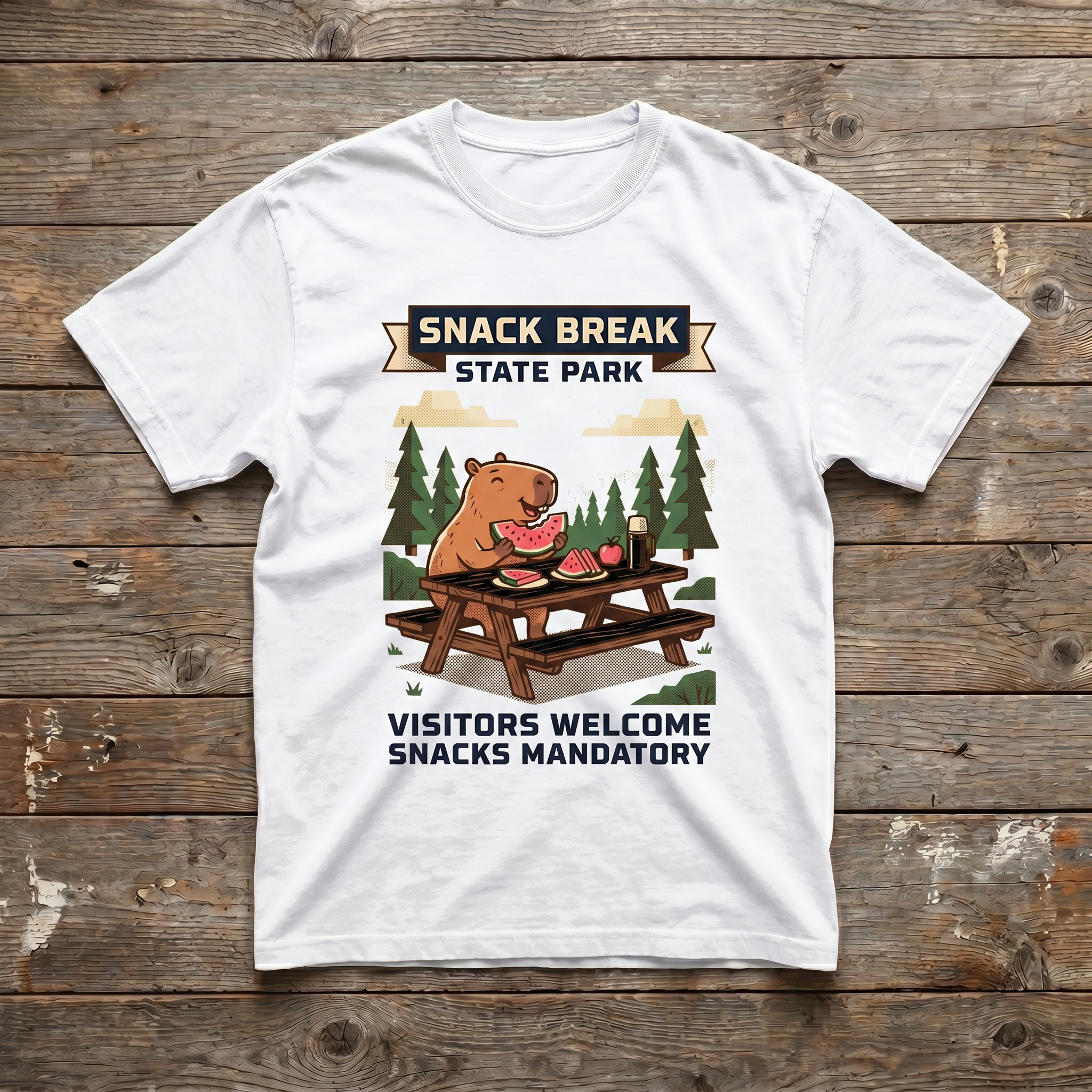 White - Snack Break State Park Tee (wood plank background)